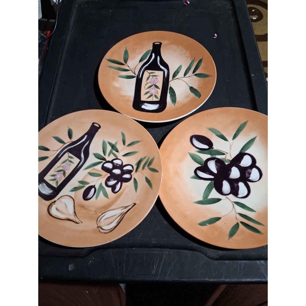 3 HAND PAINTED PORCELAIN PLATES DISHES OLIVES OIL